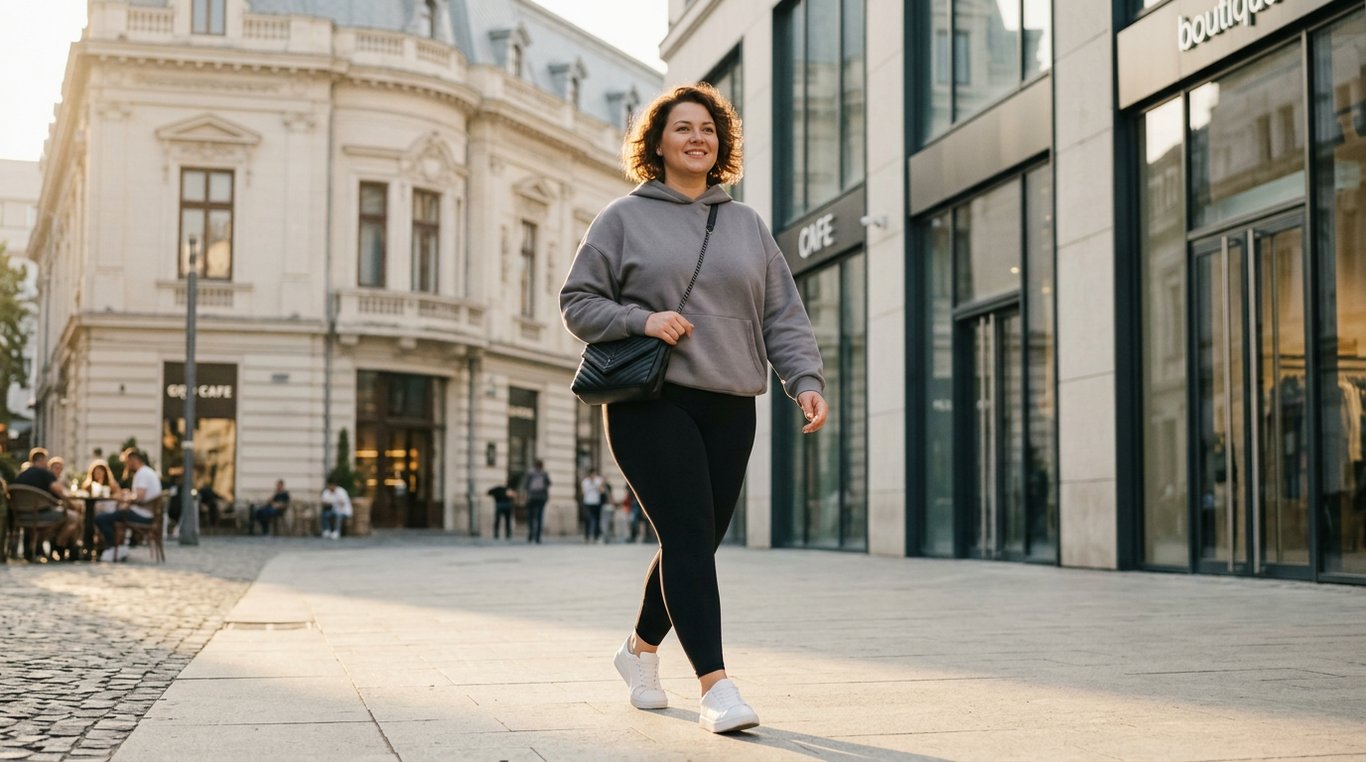 Stilul athleisure (femeie fericita care se plimba in oras, compleu comfy, centru vechi)