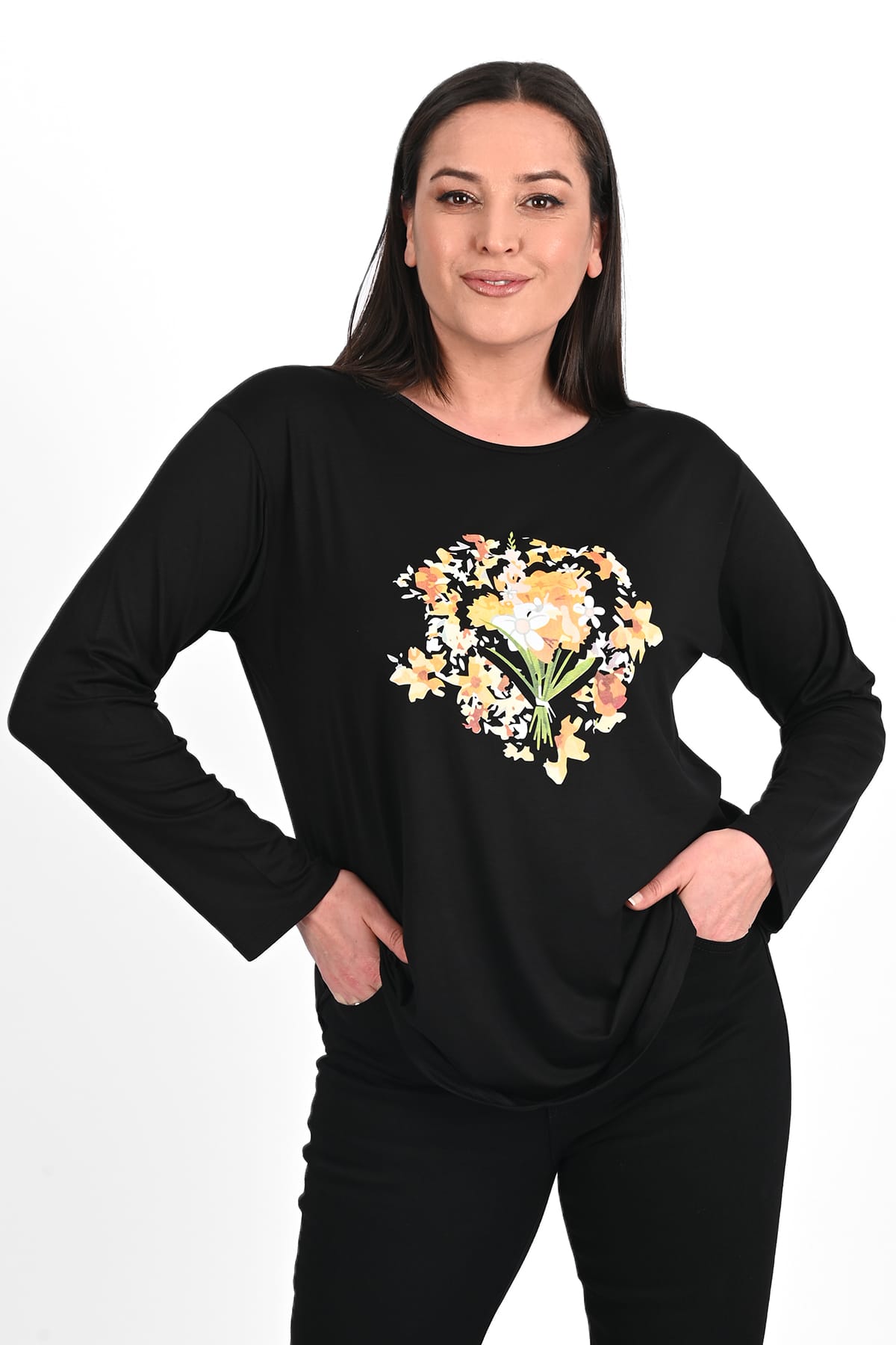 Bluze dama marimi mari negre, Női blúz nagy méretekben Csokor 1431-23, bigsize.ro