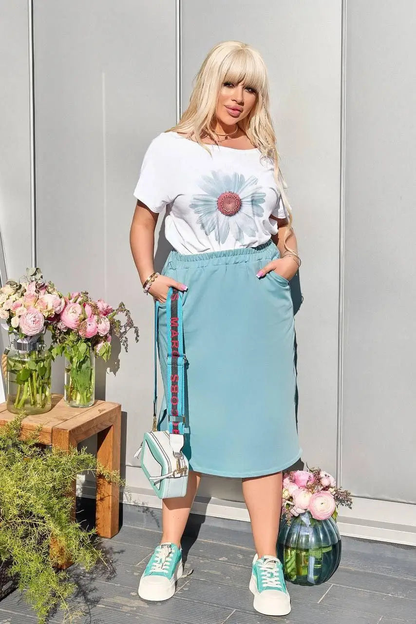 Plus size pamut szett szoknyával és pólóval - 8029